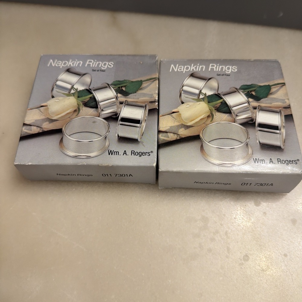 NIB - Vtg Wm. A. Rogers Oneida Silverplated Napkin Rings 2 boxes (set of 8) 1987
